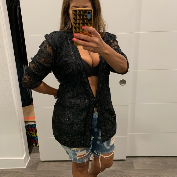 VINTAGE sequin lace blazer black size XL - Picture 3 of 12